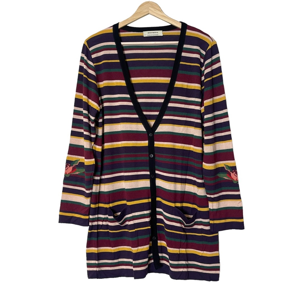 Aldo Martins Wool Blend Button Front Striped Colorful Cardigan Size 12 Pockets